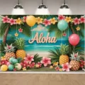 Hawaï strandfeest achtergrond met Aloha tekst, ananassen en tropische hibiscusbloemen - Hawaïaanse Zomer Strand Flamingo Stijl (SBJ-002) / 95x75cm