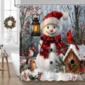 Festlicher Weihnachts-Duschvorhang mit Schneemann und Vögeln für die Badezimmer-Dekoration - Einzelner Duschvorhang 90x180cm / Schneemann Kardinal Hütte Stil (YL-007)