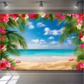 Levendige Hawaiiaanse tropische strand achtergrond met palmbladeren en mooie bloemen - Tropisch Strandlandschap (SBJ-004) / 95x75cm