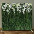 Square floral greenery backdrop stand with white flowers and green pine leaves print - Hanging Green Cypress Leaves (KMX-006) / 230x230cm (Single Sided)