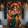 Festive Day of the Dead door banner featuring a Catrina skeleton in an elegant green dress - Style 10 / 90x180cm