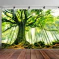 Lush forest landscape photography backdrop tapestry with large tree and sunlight rays. - 95x75cm / Tropical Rainforest Waterfall (SBJ-004)
