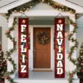 Weihnachts-Türbanner für draußen mit 'Feliz Navidad' auf festlichem rotem Hintergrund - Roter Hintergrund Sterne und Kugeln Stil (SDL-012) / 30x150cm