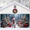 Large Christmas garage door mural banner featuring festive snowman forest scene backdrop - Forest Snow Scene Snowman Tree Style (CK-002) / 400x180cm