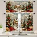 Festliches Weihnachts-Küchenvorhang-Set mit winterlichem Schneemotiv und Weihnachtsbäumen - Schabracke 138x45cm / Stil 010