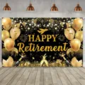 Happy retirement party backdrop with gold glitter balloons and champagne design - SBJ-001 / 95x75cm