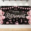 Fondo de fiesta Happy Retirement oro rosa con iconos de viaje y globos decorativos - SBJ-005 / Negro y Oro / 95x75cm