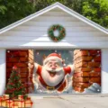 Outdoor Christmas garage banner with 3D cartoon Santa Claus through brick wall design - Dynamic Cartoon Santa Claus Emerging from Brick Wall Style (CK-003) / 400x180cm