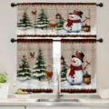 Weihnachtliche Küchenvorhang-Garnitur mit festlichem Schneemann- und Tannenbaum-Druck - Schabracke 138x45cm / Schneemann-Holzmaserungs-Stil (CL-011)