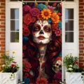 Vibrant Día de los Muertos door banner with floral Catrina skull design for festive decor - Style 11 / 90x180cm