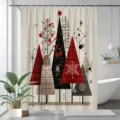 Moderner Duschvorhang mit abstrakten Weihnachtsbäumen in Rot und Schwarz, Mid-Century-Stil - Einzelner Duschvorhang 90x180cm / Abstrakter Kunst-Weihnachtsbaum-Stil (YL-002)