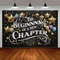 Elegant black retirement party backdrop banner with gold stars and New Chapter text - SBJ-004 Style / 95x75cm