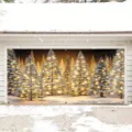Large Christmas garage door banner featuring a snowy forest with warm golden lights. - Winter Snow Scene Glowing Christmas Pine Forest Style (CK-004) / 400x180cm