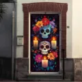 Decorative Mexican Day of the Dead door banner with colorful skulls and flower motifs - Style 12 / 90x180cm