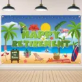 Colorful tropical beach theme Happy Retirement party backdrop with flamingo and palm trees - SBJ-002 / 95x75cm