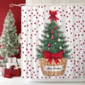 Festlicher Weihnachtsduschvorhang mit Tannenbaum, roten Punkten und Merry Christmas Banner. - Roter Polka Dot Weihnachtsbaum (YL-004) / Einzelner Duschvorhang 90x180cm