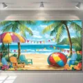 Levendige Hawaii zomer strandfeest achtergrond met tropische palmen en oceaan golven - SBJ-005