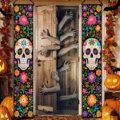Day of the Dead porch banner featuring colorful sugar skull and floral prints for Halloween decor. - Mexico Day of the Dead Style (SDL-015) / 30x150cm