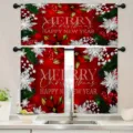 Rote Weihnachts-Küchenvorhänge Set mit Weihnachtsstern- und Schneeflockendruck - Schabracke 138x45cm / Roter Weihnachtsstern und Kiefernadeln Stil (CL-014)