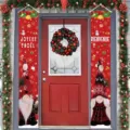 Rote Weihnachts-Gnom-Türbanner mit französischen Joyeux Noël und Bienvenue Grüßen - Französischer Gnom- und Schneeflocken-Musterstil (SDL-017) / 30x150cm