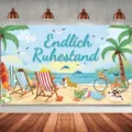 German retirement party backdrop with beach sunset scene and cute dogs illustration - Beach German Retirement Theme (SBJ-003) / 95x75cm