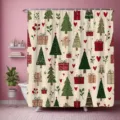 Weihnachts-Duschvorhang mit festlichen Bäumen, roten Geschenken und Herzmuster - Cremefarbener Weihnachtswald (YL-005) / Einzelner Duschvorhang 90x180cm