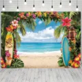 Tropische Hawaiiaanse strandfeest achtergrond met palmbladeren surfplanken en bloemen - SBJ-006