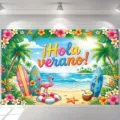 Tropische Hawaii strandfeest achtergrond met palmbomen, flamingo en Hola Verano tekst - SBJ-007