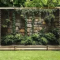 Sfondo fotografico per esterni con muro di pietra e piante verdi tropicali rigogliose - 95x75cm / Cascata della Foresta Tropicale