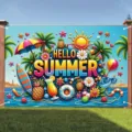 Levendige Hawaïaanse strandfeest achtergrond met HELLO SUMMER tekst en palmen decor - Hawaïaanse Strandstijl (SBJ-008)