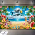 Hawaii zomer strandfeest achtergrond met palmen en Hello Summer tekst - Hello Summer Thema (SBJ-009)