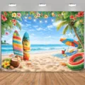 Levendige tropische Hawaii zomer strandfeest achtergrond met surfplanken en palmbomen - Zomerstrand (SBJ-010)