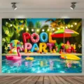 Tropische poolparty achtergrond met flamingo en bloemen voor zomerse evenementen. - Zomerzwembadfeeststijl (SBJ-011)