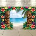 Levendige Hawaiiaanse Tiki strandfeest achtergrond met hibiscusbloemen en palmbladeren - Hawaïaans Strandfeest (SBJ-012)