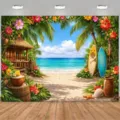 Levendige Hawaïaanse strandachtergrond met palmen en surfplanken voor feesten - Hawaïaanse tropische strandstijl (SBJ-013)