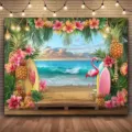 Hawaii strandfeest achtergrond met flamingo, ananas en hibiscusbloemen voor zomerfeest - Zomerstrand (SBJ-014)