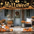 Spooky Halloween banner backdrop with bats and pumpkins for outdoor porch and yard decoration - 30x120cm / Black Orange Pattern (SHF-002)