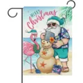 Bandera de jardín navideña tropical con estampado de Papá Noel de playa y flamenco - Navidad de Verano Tropical (Q-003) / 30x45cm