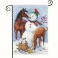 Double-sided winter garden flag featuring a snowman and horses in a snowy holiday scene - Snowman and Horse (Q-005) / 30x45cm