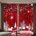 Cortinas rojas festivas de Navidad con estampados de copos de nieve y pueblo invernal hogar. - Pueblo Navideño Rojo (CL-005)