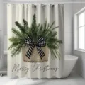 Weihnachts-Duschvorhang mit Karoschleife und Merry Christmas Text für die Badezimmerdeko - Einzelner Duschvorhang 90x180cm / Kiefernzweige & Karoschleife (YL-014)