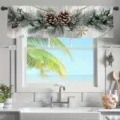 Christmas window valance with pine cone and holly leaf print for holiday decor - 138x45cm / CM-007 (Pine Cone and Holly)