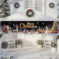 Grote Vrolijk Kerstfeest buitenbanner met Kerstman en sneeuwpop voor tuin decoratie - Kerstslee Sneeuwpop Stijl (SHF-008)
