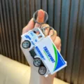 Mini white alloy express truck keychain model with transport graphics and metal ring - White