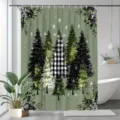Weihnachts-Duschvorhang mit grünen und karierten Tannenbäumen sowie Schneeflocken - Einzelner Duschvorhang 90x180cm / Salbeigrüne Weihnachtsbäume (YL-016)