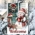 Winter snowman garden flag decoration with Welcome greeting and red cardinal detail - Welcome Snowman and Cardinal (Q-009) / 30x45cm