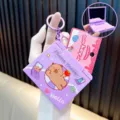 Purple folding mirror phone holder keychain with cute cartoon bear design - Purple