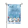 Premium double sided winter garden flag featuring blue gnomes and Hello Winter text - Hello Winter Gnomes (Q-012) / 30x45cm