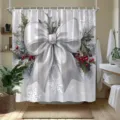 Festlicher Weihnachts-Duschvorhang mit großer weißer Schleife und silbernen Schneeflocken - 90x180cm / Weiße Schleife Festelemente (YL-002)
