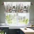 Festive holiday kitchen window valance featuring watercolor snowman and reindeer pattern - 138x45cm / CM-018 (Elk and Snowman)